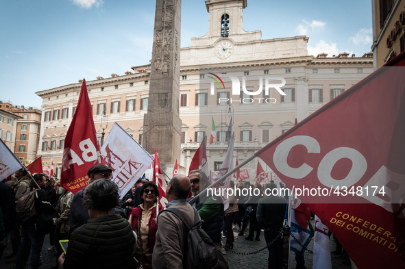 Protest of school workers in front of Palazzo di Montecitorio in Rome at the strike to demand high wage increases, stabilization of precario...