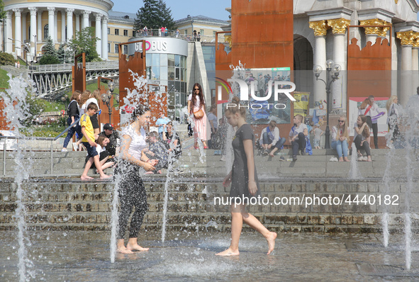 Ukrainian youth celebrates their graduation off the middle school 
with fooling in the fountains at Independence Square in Kyiv,  Ukraine,...