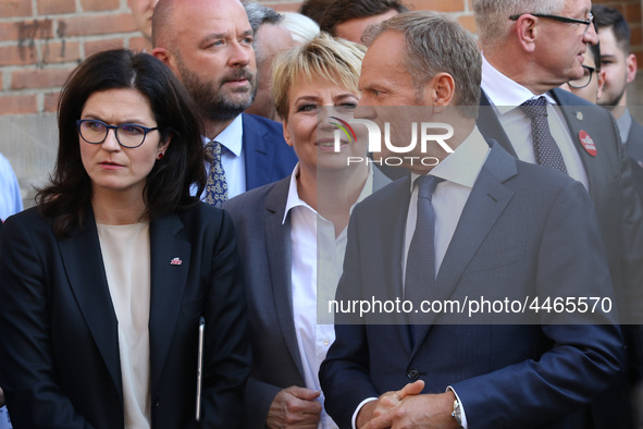 Mayor of Gdansk Aleksandra Dulkiewicz speaking with President of the European Council Donald Tusk during the rally on the Dlugi Targ street...