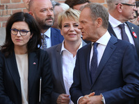 Mayor of Gdansk Aleksandra Dulkiewicz speaking with President of the European Council Donald Tusk during the rally on the Dlugi Targ street...