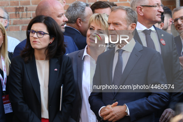 Mayor of Gdansk Aleksandra Dulkiewicz speaking with President of the European Council Donald Tusk during the rally on the Dlugi Targ street...