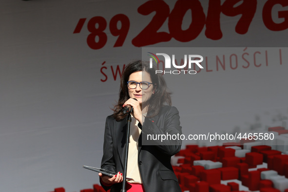 Mayor of Gdansk Aleksandra Dulkiewicz during the rally on the Dlugi Targ street is seen in Gdansk, Poland on 4th June 2019 Freedom and Solid...