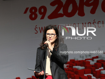 Mayor of Gdansk Aleksandra Dulkiewicz during the rally on the Dlugi Targ street is seen in Gdansk, Poland on 4th June 2019 Freedom and Solid...