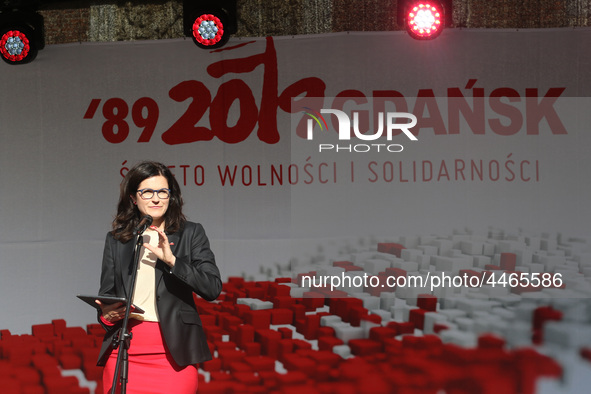 Mayor of Gdansk Aleksandra Dulkiewicz during the rally on the Dlugi Targ street is seen in Gdansk, Poland on 4th June 2019 Freedom and Solid...