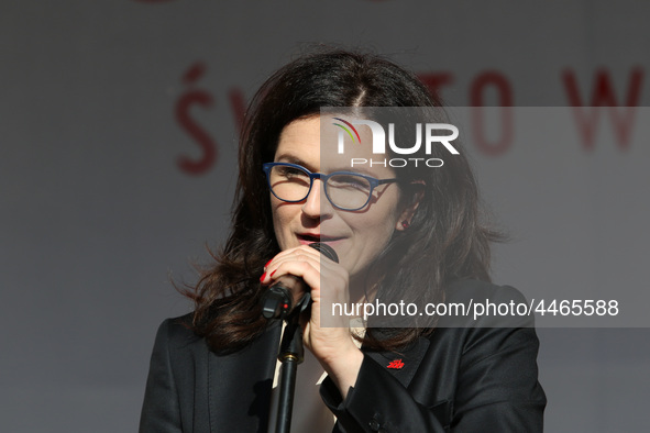 Mayor of Gdansk Aleksandra Dulkiewicz during the rally on the Dlugi Targ street is seen in Gdansk, Poland on 4th June 2019 Freedom and Solid...