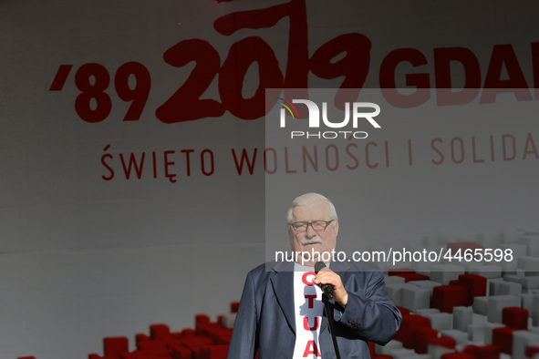 Former President of Poland Lech Walesa during the rally on the Dlugi Targ street is seen in Gdansk, Poland on 4th June 2019 Freedom and Soli...