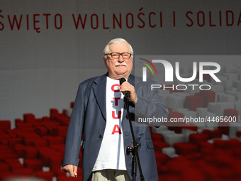 Former President of Poland Lech Walesa during the rally on the Dlugi Targ street is seen in Gdansk, Poland on 4th June 2019 Freedom and Soli...