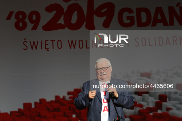 Former President of Poland Lech Walesa during the rally on the Dlugi Targ street is seen in Gdansk, Poland on 4th June 2019 Freedom and Soli...