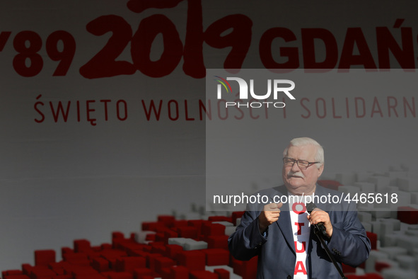 Former President of Poland Lech Walesa during the rally on the Dlugi Targ street is seen in Gdansk, Poland on 4th June 2019 Freedom and Soli...