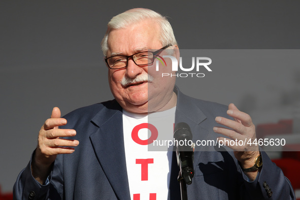 Former President of Poland Lech Walesa during the rally on the Dlugi Targ street is seen in Gdansk, Poland on 4th June 2019 Freedom and Soli...