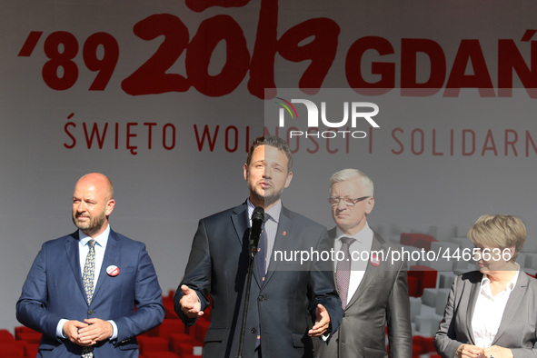 Mayor of Warsaw Rafal Trzaskowski during the rally on the Dlugi Targ street is seen in Gdansk, Poland on 4th June 2019 Freedom and Solidarit...