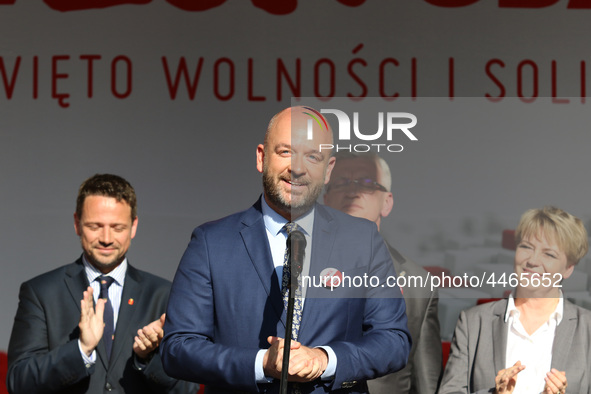 Mayor of Wroclaw Jacek Sutryk during the rally on the Dlugi Targ street is seen in Gdansk, Poland on 4th June 2019 Freedom and Solidarity Da...