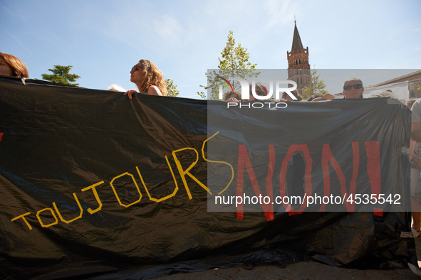 Banner reading 'Still no'. Some high school teachers were on strike against the bill on education sponsored by Jean-Michel Blanquer, Educati...