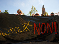 Banner reading 'Still no'. Some high school teachers were on strike against the bill on education sponsored by Jean-Michel Blanquer, Educati...