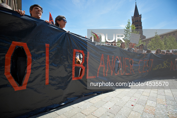 Techars hold a banner reading 'Balnquer's law, it's still no !'. Some high school teachers were on strike against the bill on education spon...