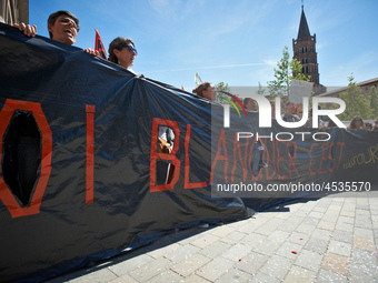 Techars hold a banner reading 'Balnquer's law, it's still no !'. Some high school teachers were on strike against the bill on education spon...