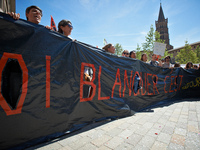 Techars hold a banner reading 'Balnquer's law, it's still no !'. Some high school teachers were on strike against the bill on education spon...