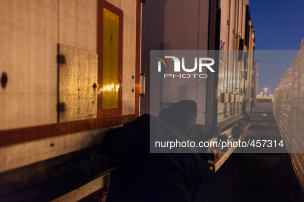 A migrant sticks his head out on the look out for guardians inside the port's truck parking lot. Calais, France, June 2014.

For the last...