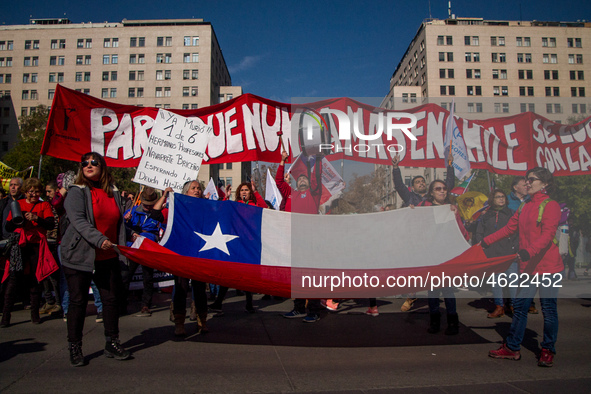 Teachers take part in a demonstration in Santiago de Chile, Chile, on July 3, 2019. 