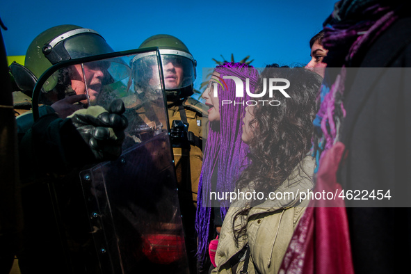 Teachers take part in a demonstration in Santiago de Chile, Chile, on July 3, 2019. 