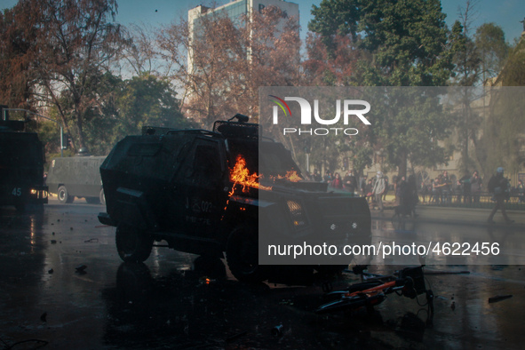 A vehicle of police is seen during a demonstration in Santiago de Chile, Chile, on July 3, 2019. 