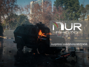 A vehicle of police is seen during a demonstration in Santiago de Chile, Chile, on July 3, 2019. (