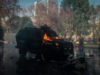 A vehicle of police is seen during a demonstration in Santiago de Chile, Chile, on July 3, 2019. (