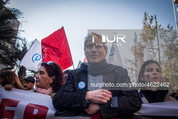 Teachers take part in a demonstration in Santiago de Chile, Chile, on July 3, 2019. 