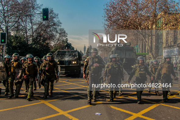 Riot police during a demonstration of teachers in Santiago de Chile, Chile, on July 3, 2019. 