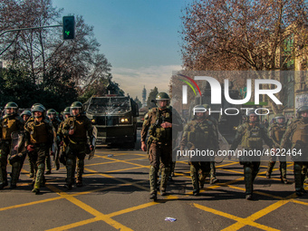 Riot police during a demonstration of teachers in Santiago de Chile, Chile, on July 3, 2019. (