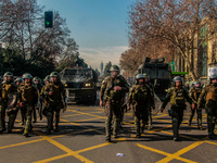 Riot police during a demonstration of teachers in Santiago de Chile, Chile, on July 3, 2019. (