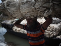 Labourers carry jute from a boat to a truck to send it in the capital Dhaka. Photo has taken on 26 July 2019 from Kurigram, Bangladesh.  (