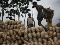 Labourers carry jute from a boat to a truck to send it in the capital Dhaka. Photo has taken on 26 July 2019 from Kurigram, Bangladesh.  (