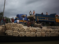 Labourers carry jute from a boat to a truck to send it in the capital Dhaka. Photo has taken on 26 July 2019 from Kurigram, Bangladesh.  (