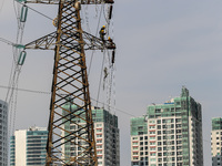 Operators work on a high voltage tower in Jakarta, Indonesia, July 27, 2019.  (