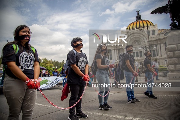 Young Members of the Excluded Higher Education Aspirants Movement (MAES) protested in Mexico City to demand that the federal government expa...