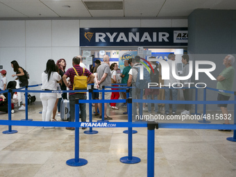 Ryanair cabin crew workers during a protest held on occasion of the strike held by cabin crew workers of the Irish airline at Adolfo Suarez...