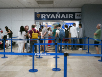 Ryanair cabin crew workers during a protest held on occasion of the strike held by cabin crew workers of the Irish airline at Adolfo Suarez...