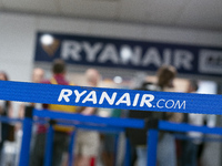 Ryanair cabin crew workers during a protest held on occasion of the strike held by cabin crew workers of the Irish airline at Adolfo Suarez...