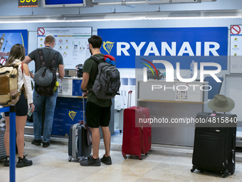 Ryanair cabin crew workers during a protest held on occasion of the strike held by cabin crew workers of the Irish airline at Adolfo Suarez...