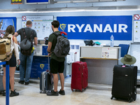 Ryanair cabin crew workers during a protest held on occasion of the strike held by cabin crew workers of the Irish airline at Adolfo Suarez...