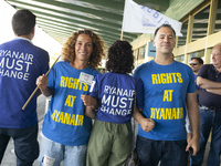 Ryanair cabin crew workers during a protest held on occasion of the strike held by cabin crew workers of the Irish airline at Adolfo Suarez...