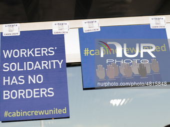 Ryanair cabin crew workers during a protest held on occasion of the strike held by cabin crew workers of the Irish airline at Adolfo Suarez...