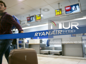 Ryanair cabin crew workers during a protest held on occasion of the strike held by cabin crew workers of the Irish airline at Adolfo Suarez...