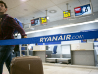 Ryanair cabin crew workers during a protest held on occasion of the strike held by cabin crew workers of the Irish airline at Adolfo Suarez...