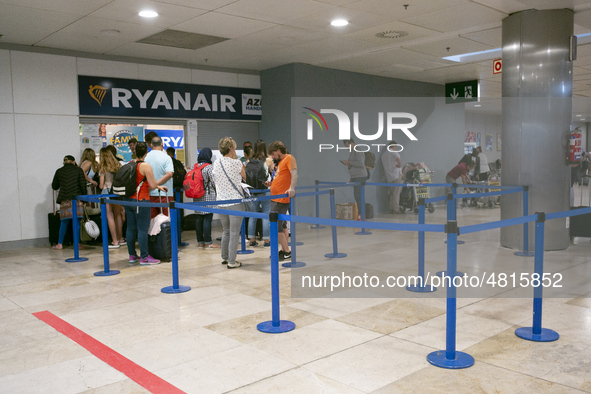 Ryanair cabin crew workers during a protest held on occasion of the strike held by cabin crew workers of the Irish airline at Adolfo Suarez...