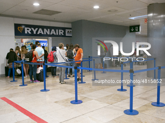 Ryanair cabin crew workers during a protest held on occasion of the strike held by cabin crew workers of the Irish airline at Adolfo Suarez...