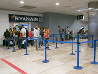 Ryanair cabin crew workers during a protest held on occasion of the strike held by cabin crew workers of the Irish airline at Adolfo Suarez...