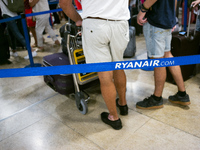 Ryanair cabin crew workers during a protest held on occasion of the strike held by cabin crew workers of the Irish airline at Adolfo Suarez...