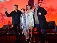 (L-R) Alejandra Barraza, Sylvester Stallone, Yvette Monreal and Director Adrian Grunberg poses for photos  during Rambo: Last Blood film pre...